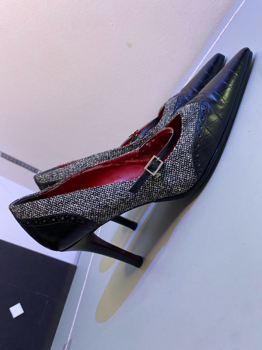Carlo Alberto Tweed Woven Handmade 8 High Heel Kitten Shoes Retro Made in Italy